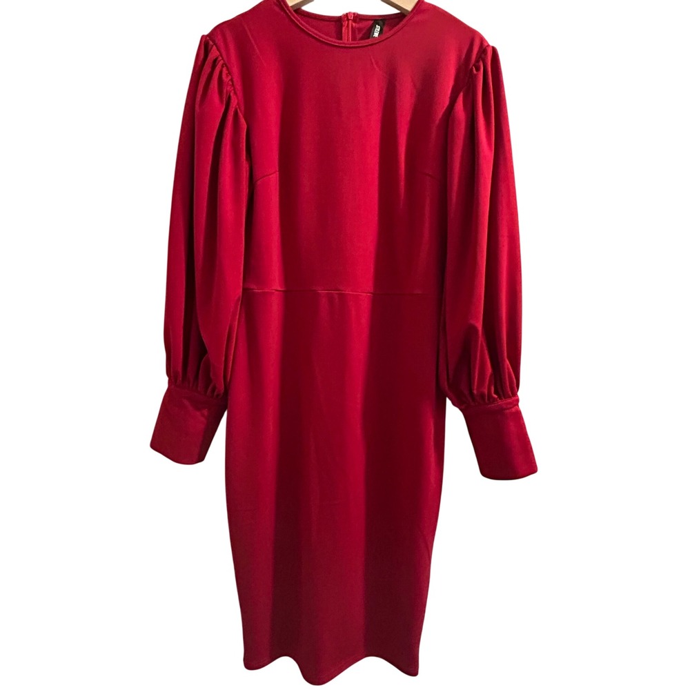STYLEWE Red Midi Dress Long‎ Bishop Sleeves Button Cuff Sheath Party